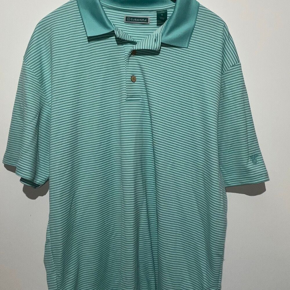 Cubavera Men's Green White Stripe Collared‎ Short Sleeve Polo Shirt Large